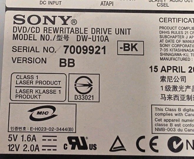 PC CD Drive SONY DW-U10A DVD CD Rewritable Untested