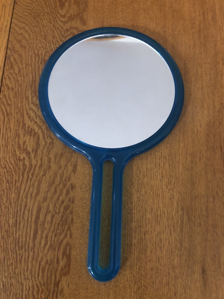 VINTAGE BLUE HANDLE DOUBLE SIDED CIRCULAR PLASTIC MIRROR