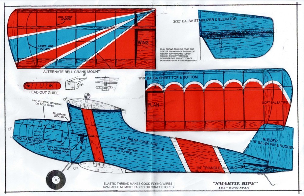 1/2 A  Smartie  Bi-Plane.  A U-Control Model airplane, plan only