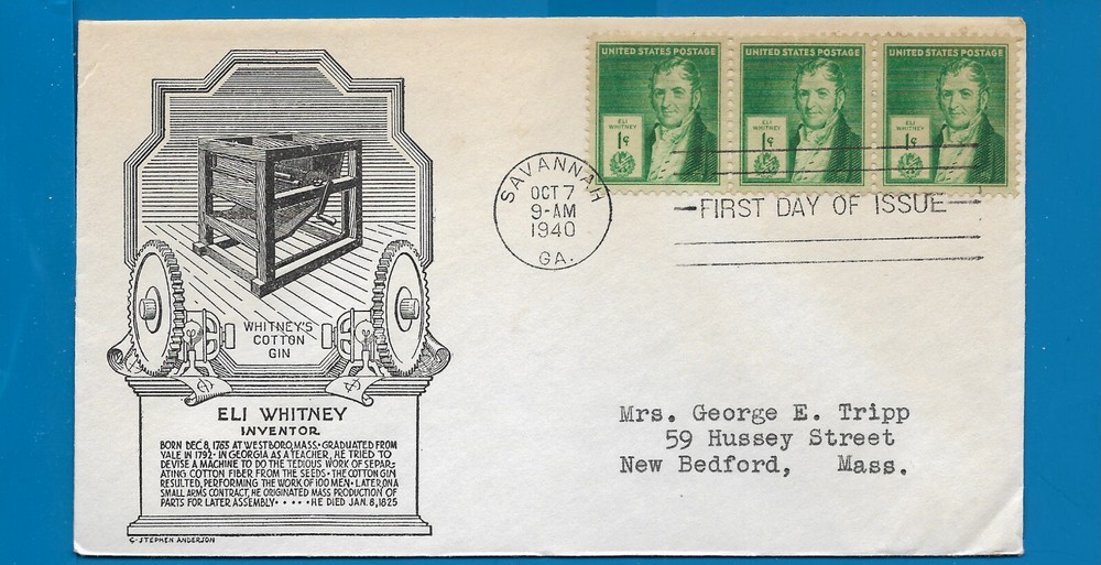 Scott 889 Eli Whitney Oct 7, 1940 Anderson FDC BOXA