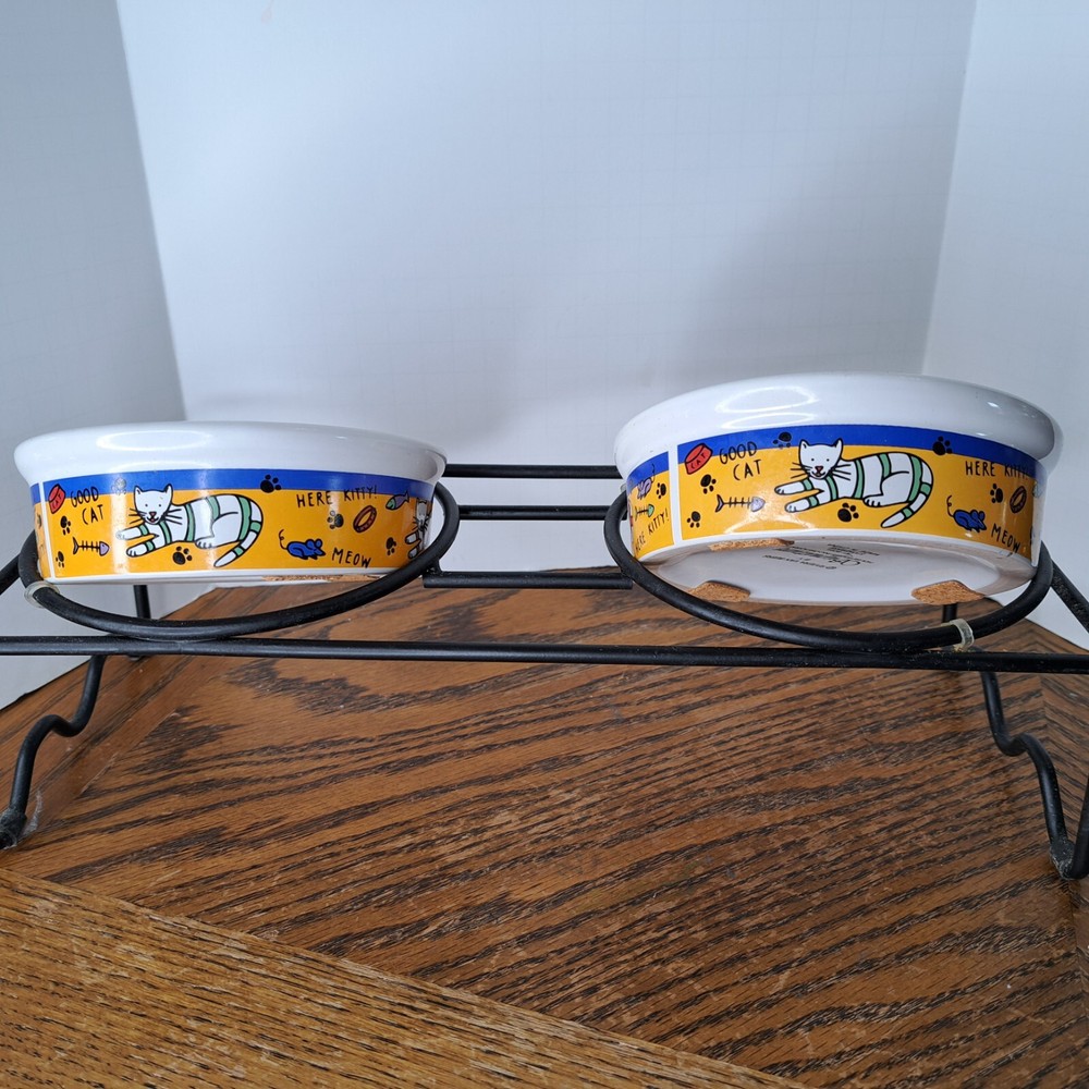 Whimsical Dual Cat Dishes With Holder