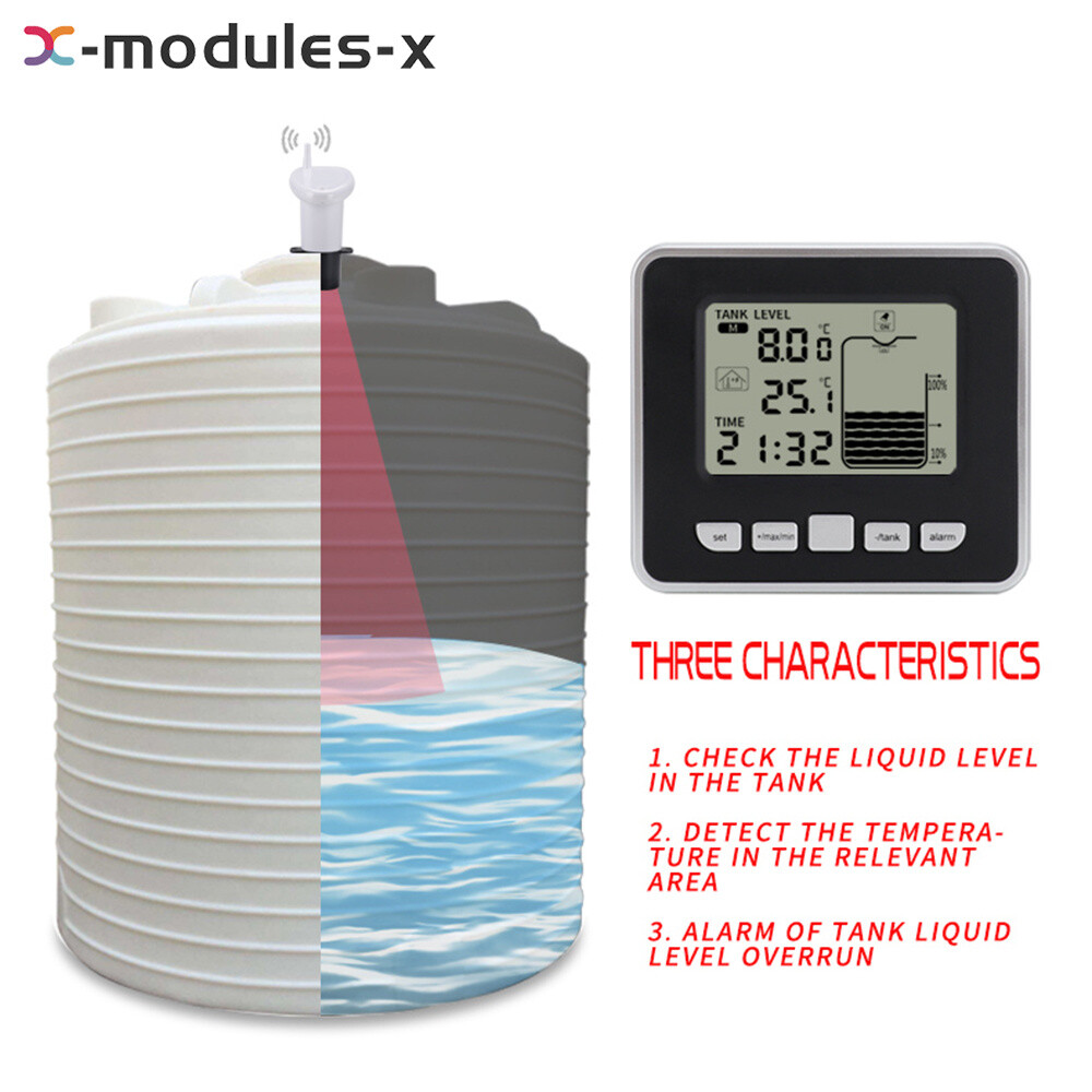 FT002 Ultrasonic Water Tank Liquid Level Meter + Temperature Sensor Time Display