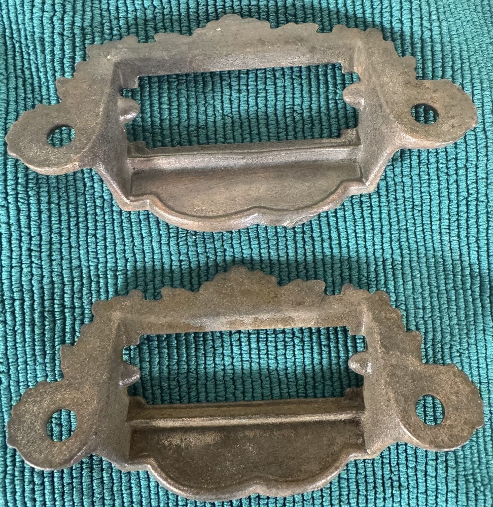 Antique Victorian Cast Iron Apothecary Drawer Bin Pull / Handle Label Vintage 10