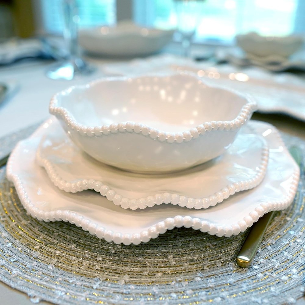 Perlette Off-White Beaded 12-Piece Dinnerware Set – Includes 4 Dinner Plates,