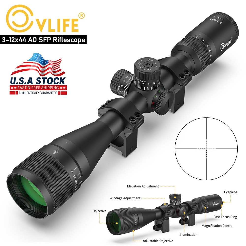 3-12x44 AO Rifle Scope Red Green Illuminated Mil-Dot Medium Range Optical Scope