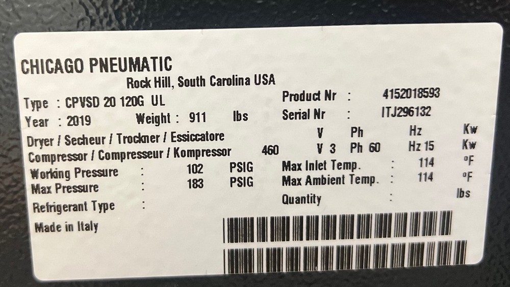 CPVSd 20 Variable Speed 20hp Air Compressor Chicago Pneumatic