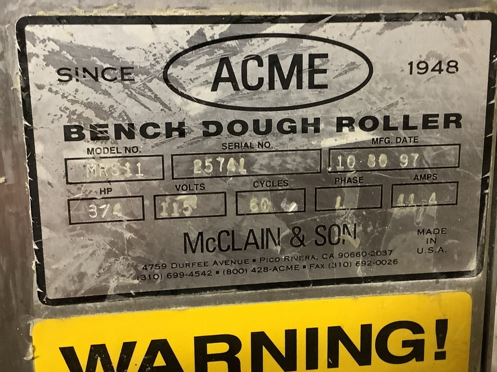 Dough Roller Sheeter Acme MRS11 115V 1phTESTED