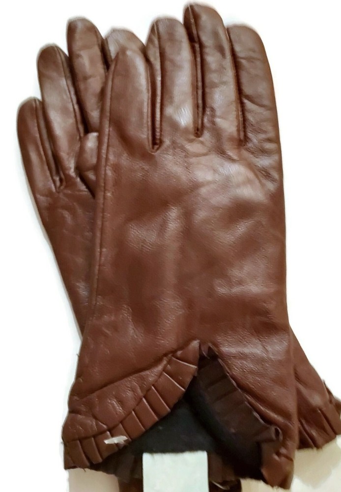 Women's Ruffle Cuff Soft Leather Gloves Brown Size- Large