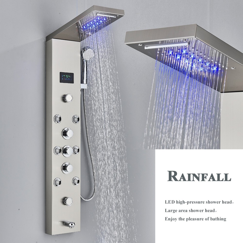 Rain Shower Panel Tower System Stainless Steel 6-Function Faucet LED Shower Head