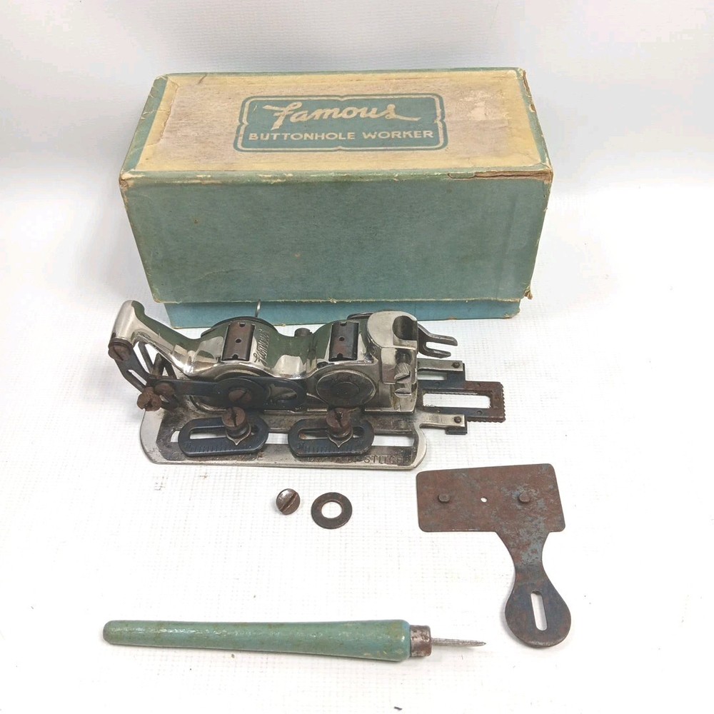 FAMOUS BUTTONHOLE WORKER ORIGINAL BOX With Instructions & Chisel Handle