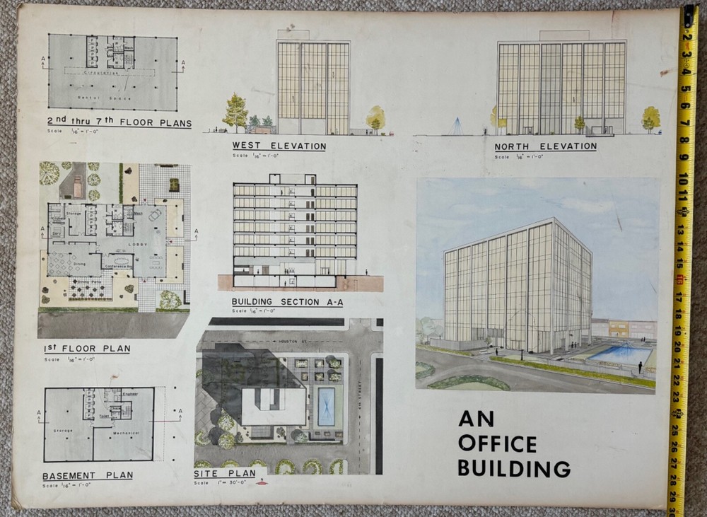Vintage 1970s Office Building Architectural Rendering Plans Blue Prints