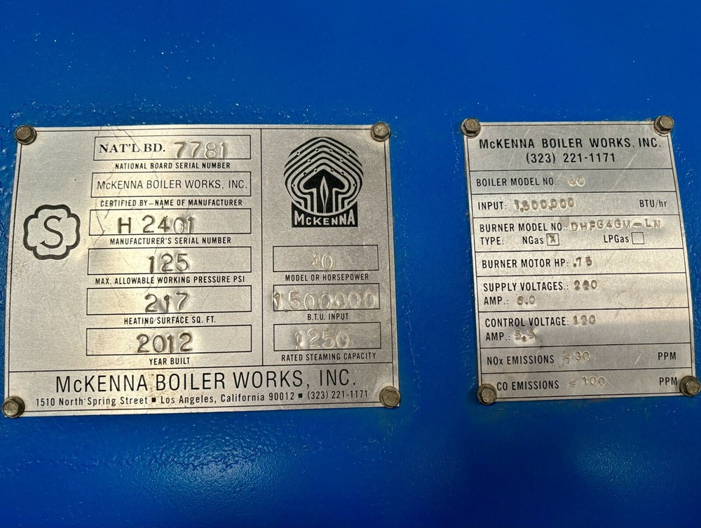 McKenna 40 HP Low Nox Steam Boiler - Retubed & Reconditioned