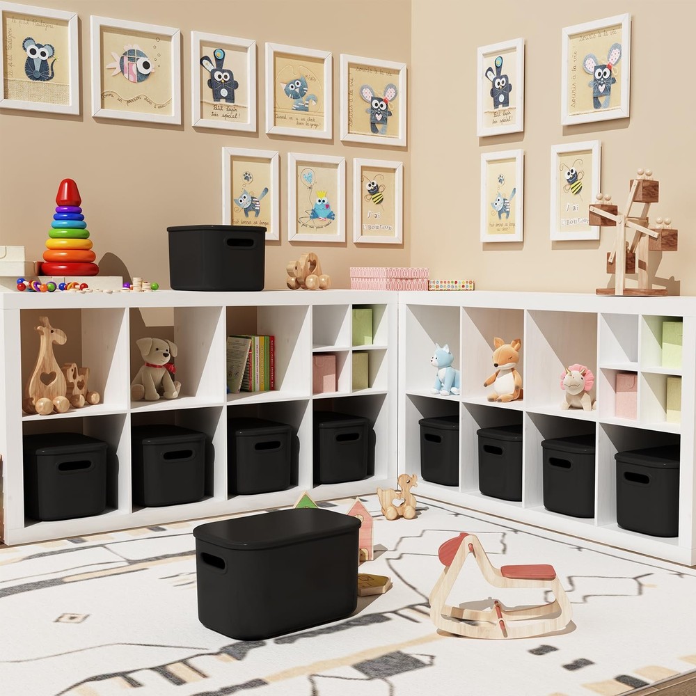 8 Pack Black Storage Bins with Lids Stackable Storage Container for Organizin...