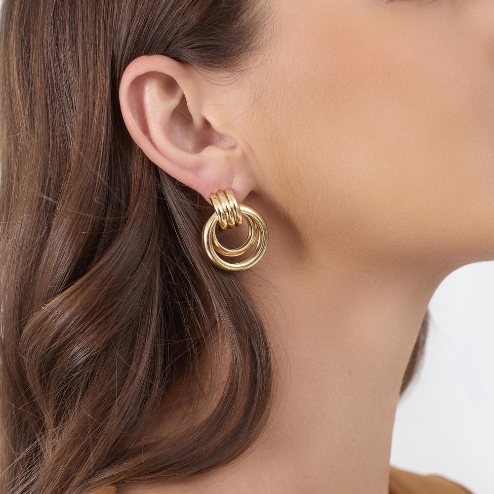Gold-Plated Chunky Earrings, Knot Link Circle Drop Dangle Statement Studs for...