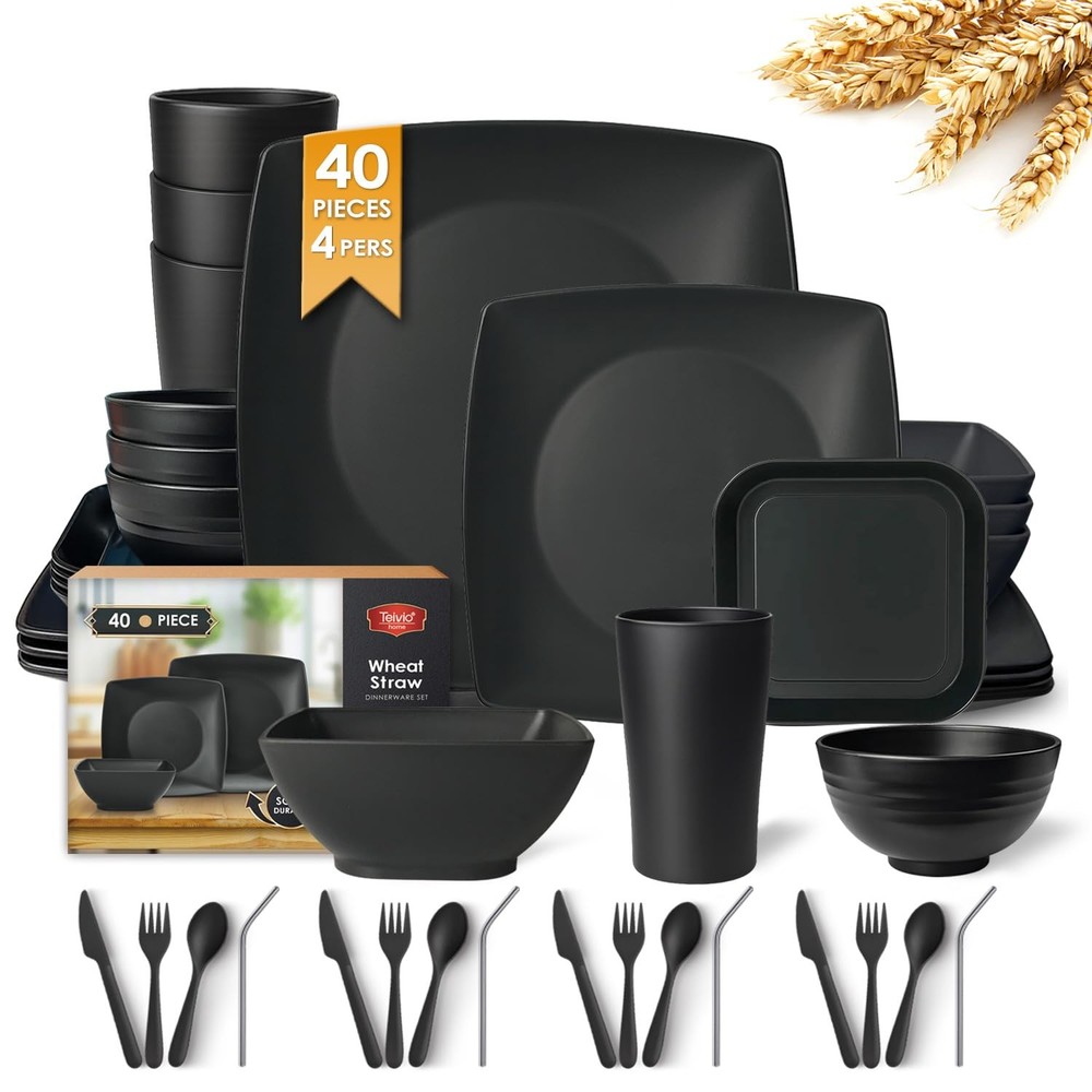 Teivio 40-piece Plastic Wheat Straw Square Dinnerware Set Square, Matte Black