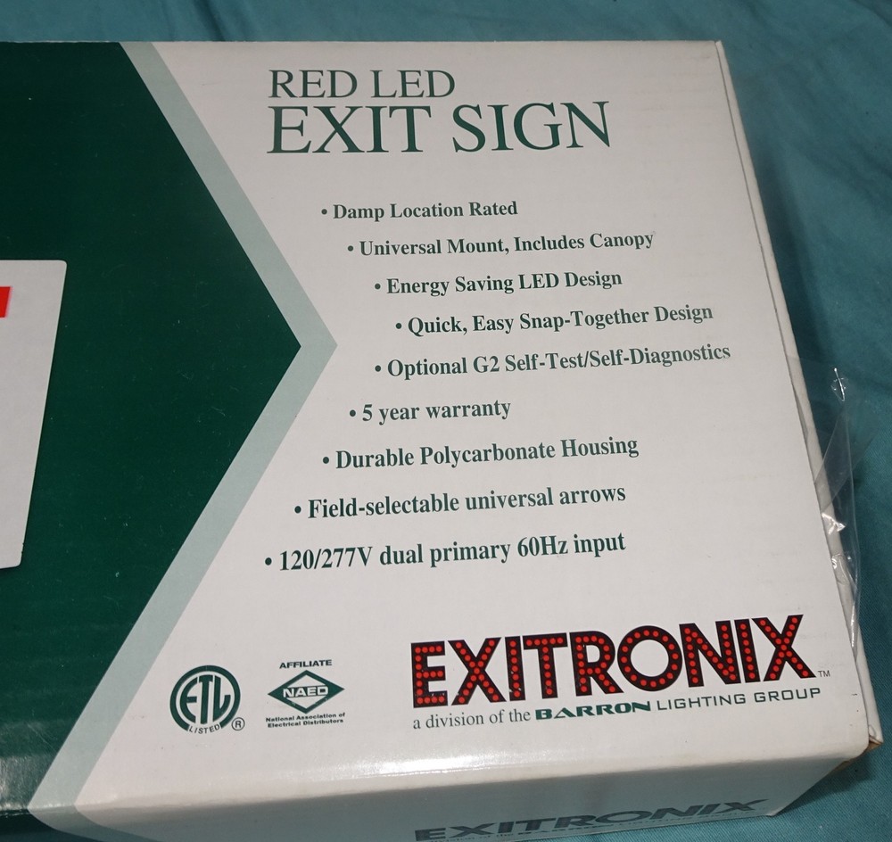 = Exitronix LED Exit Sign White Thermoplastic VEX-U-BP-WB-WH Double Sided RED