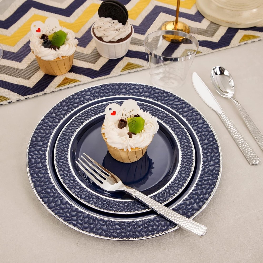 PCS Plastic Plates - Blue Disposable Plate include 50 Blue and Silver 150