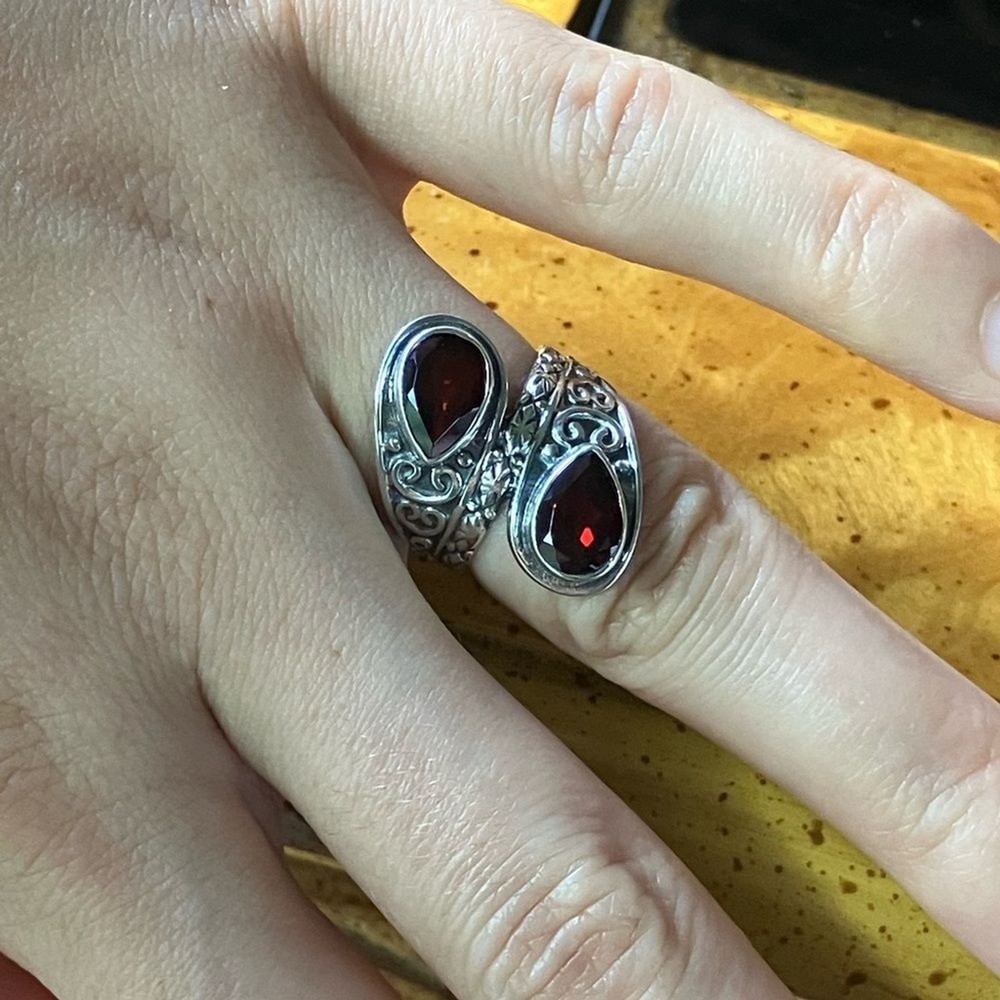Natural Red Garnet Sterling Silver Bypass Ring Size 5.75
