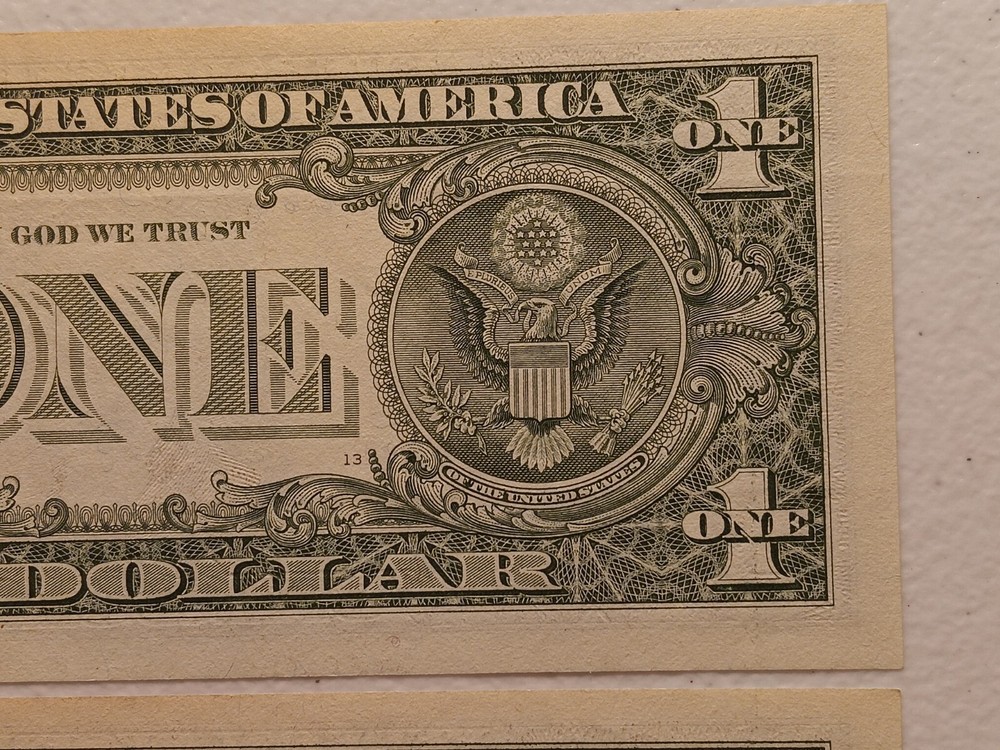 2-Errors Consecutive 1999 $1 Green Seal Federal Reserve Notes- Offset Error