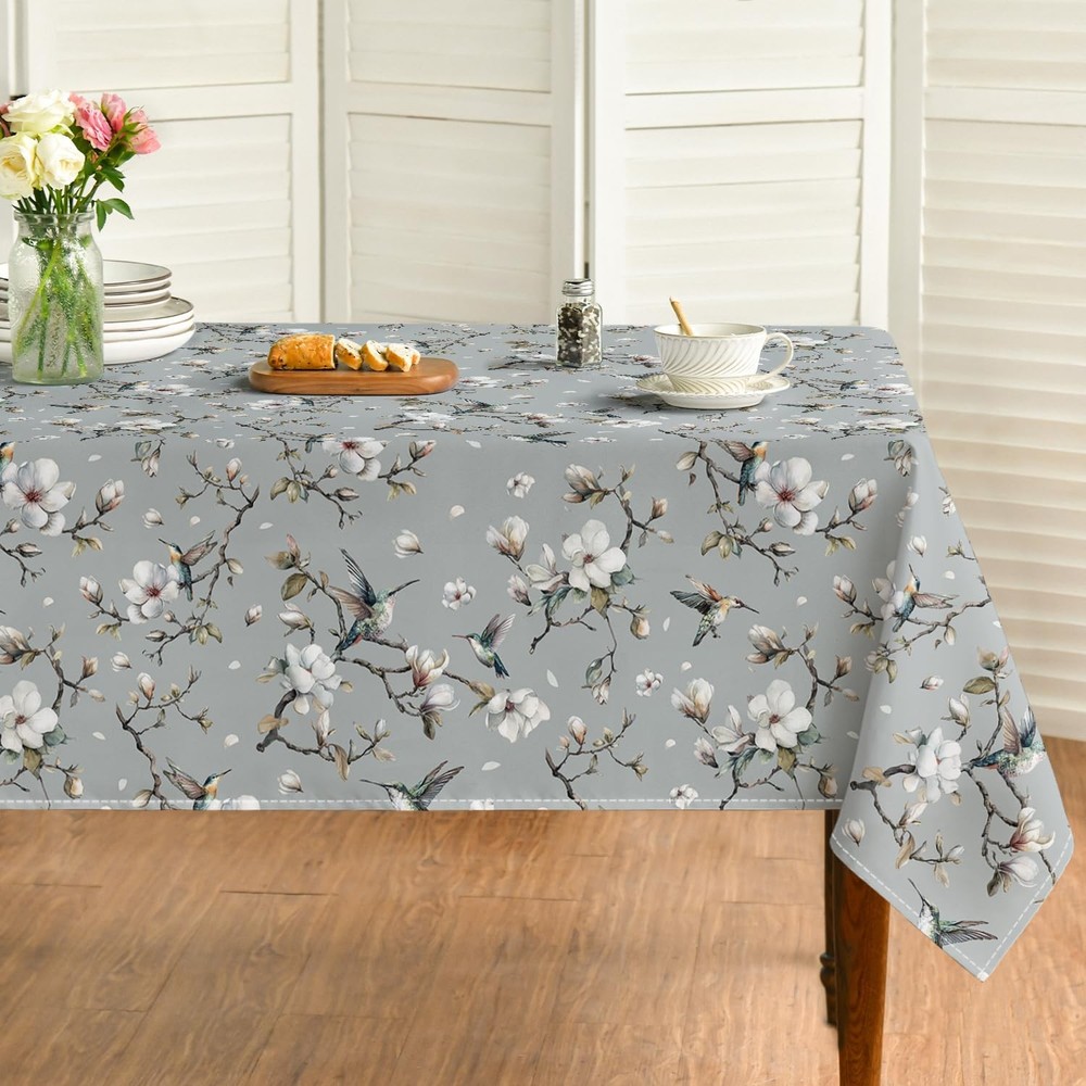 Spring Tablecloth 60×104 Inch Rectangular, Gray Magnolia Flower Birds Branch ...