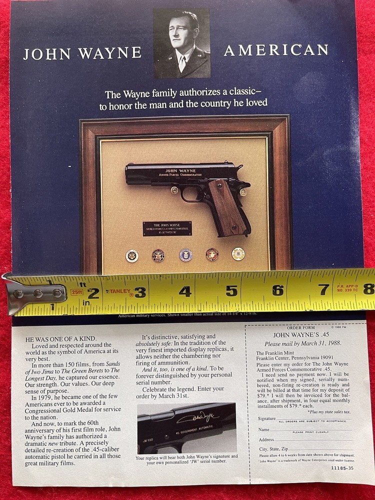 Vintage 1988 John Wayne Print Ad .45 Caliber Commemorative Franklin Mint