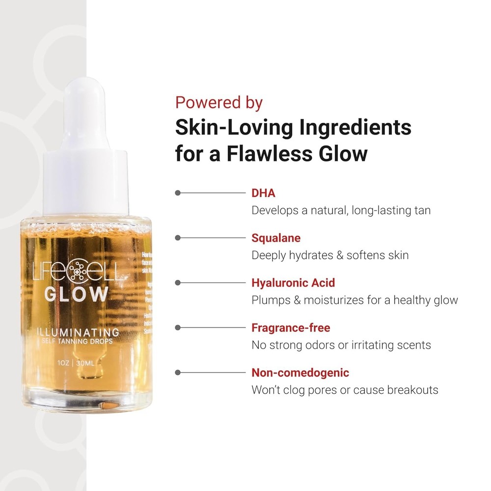 LifeCell Glow Self-Tanning Drops for Face & Body, DHA & Squalane Formula, Cus...