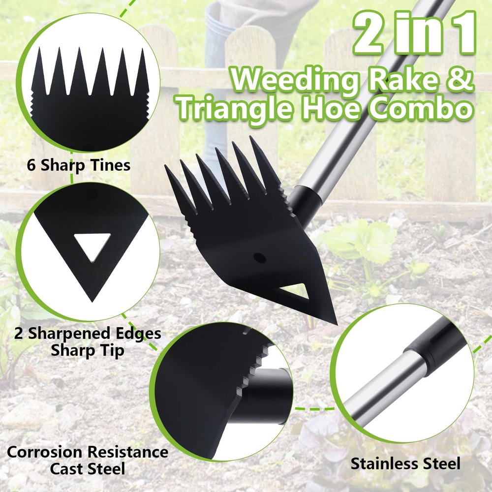 Weed Puller Tool with Long Handle, Hoe Garden Tool Weeding Rake Combo for Upr...