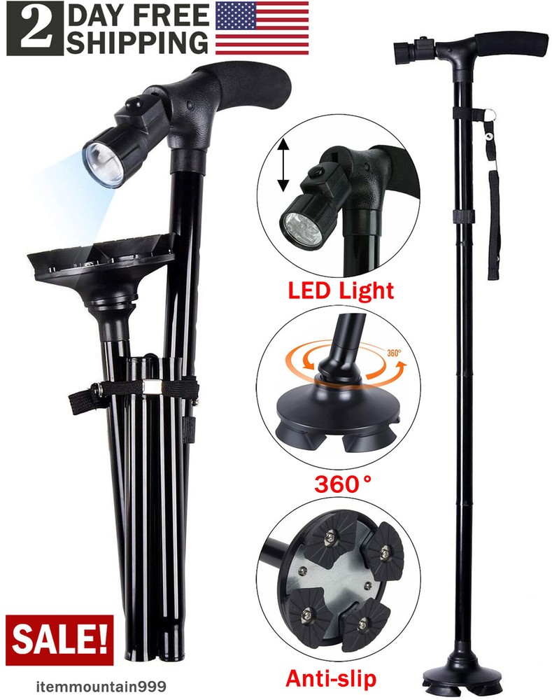 LED Walking Stick Cane All Terrain Pivoting Base Folding Cane Adjustable Height
