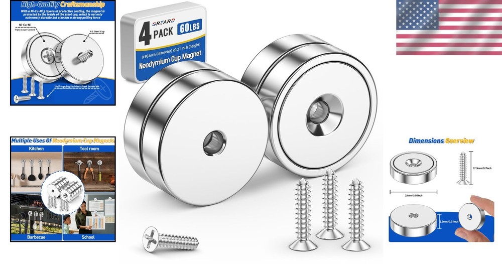 Durable 4 Pack Neodymium Cup Magnets - 60LBS Pull Force for Home & Garage