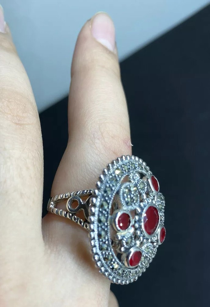 Beautiful 925 Silver Ruby-Marcasite Ring Size 9 W 13.2 Gr.