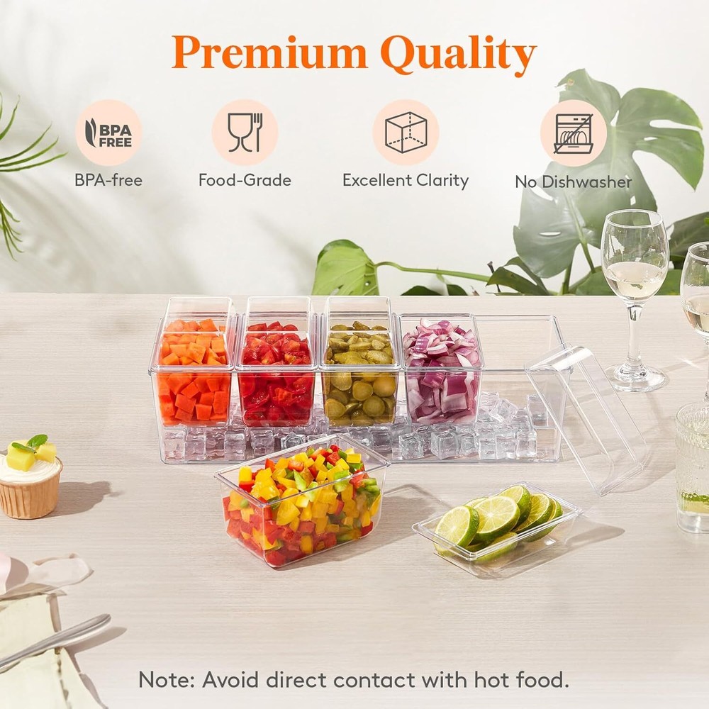 Ice Chilled Condiment Caddy 5 Containers(2.5 cup),Condiment Server Separate Lids