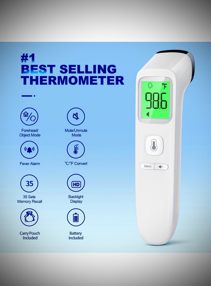 Forehead Infrared Thermometer Baby & Adults LCD Display & Memory Function White