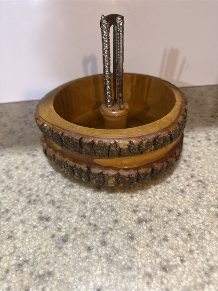 Vintage Rustic Ware Nut Cracker Bowl, Tree Bark, With 3 Picks And Nut Cracker