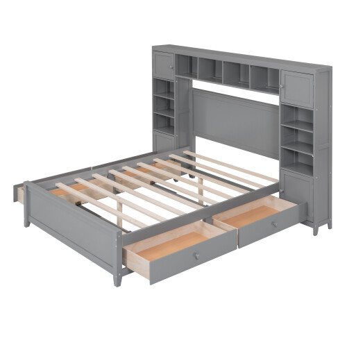 Solid Wood Platform Bed Frames with Storage Drawers All-in-One Cabinet and Shelf