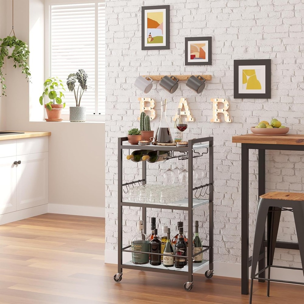 Elegant Marble White Bar Cart with Wine Rack - Stylish Multi-Function Design