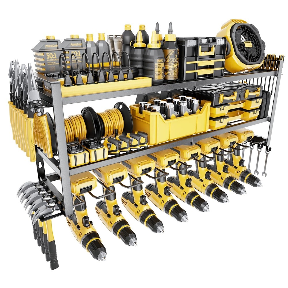 Power Tool Organizer - 3 Layer 8 Drill Holder Wall Mount, Storage Rack for Ga...