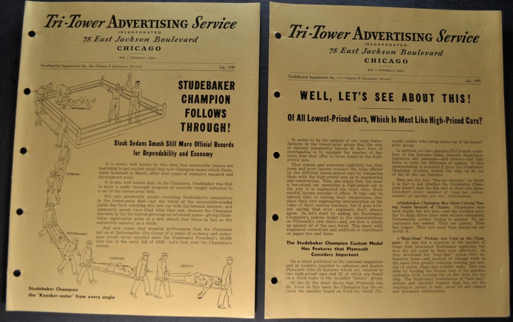 1939 Studebaker Sales Training Bulletins (2) Champion Excellent Original 39