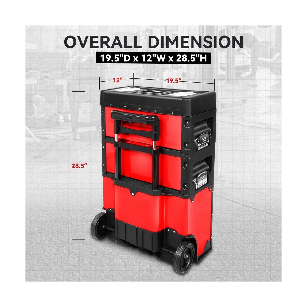 Auto Dynasty Stackable Tool Box 3-Tier Tool Separate Organizer Rolling Tool C...