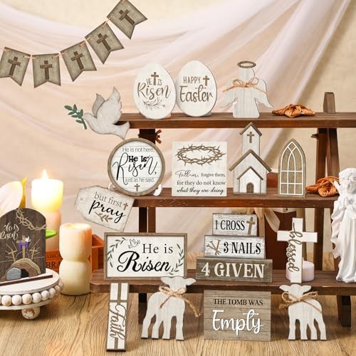 24 Pcs Easter Tiered Tray Decor He is Risen Cross Tray Decoration Sets Rustic