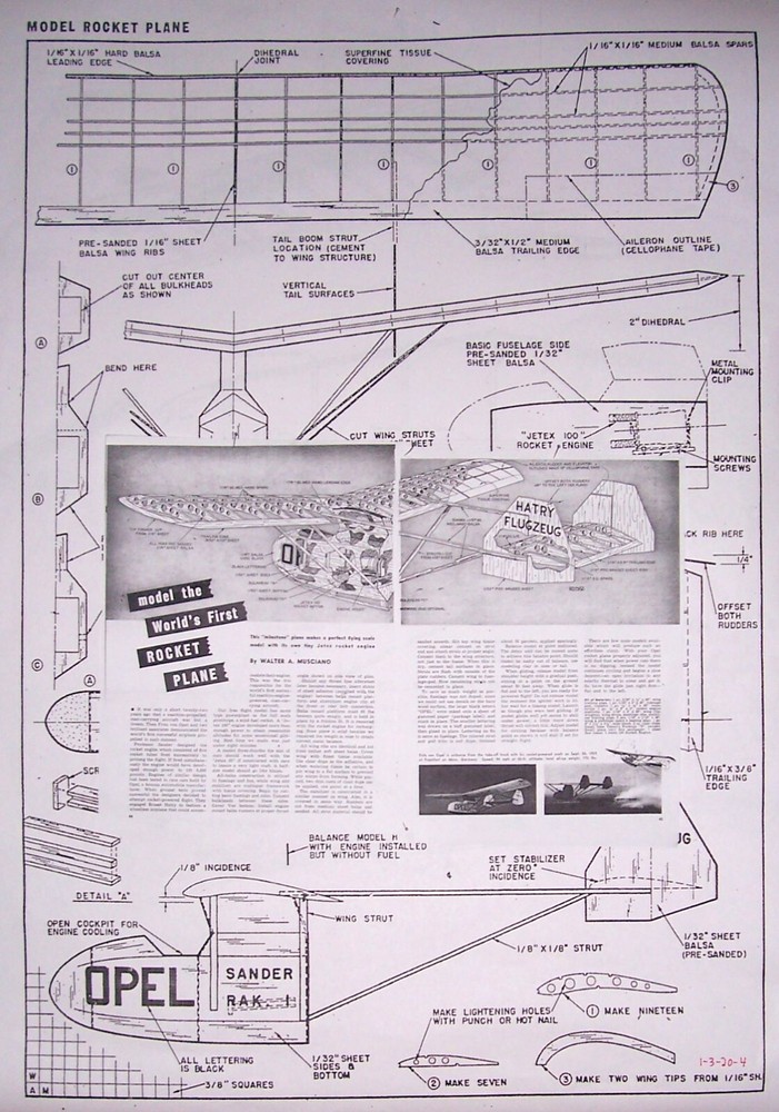 ROCKET PLANE PLAN & CONSTRUCTION ARTICLE for 28" Jetex Scale FF Model Airplane