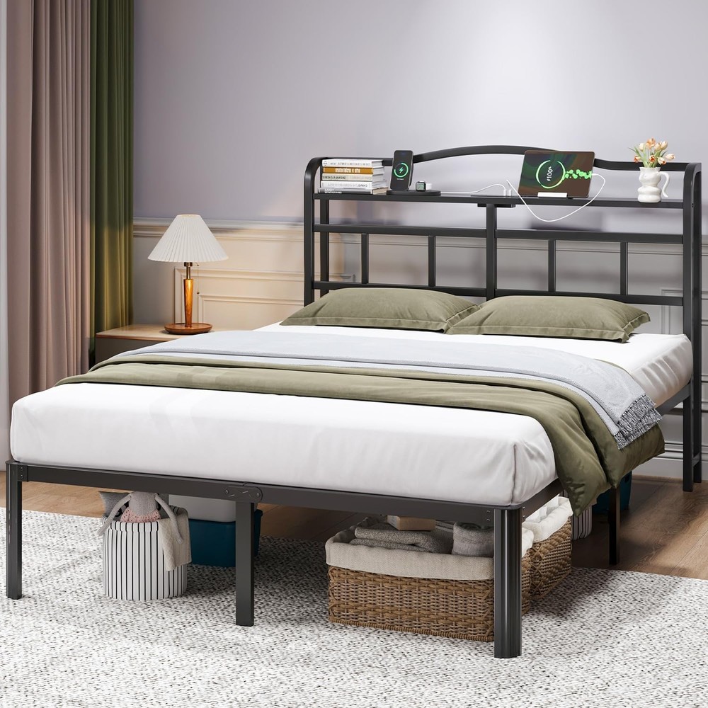 Full Size Bed Frame - Storage Headboard with Charging Station, 14 Inch Sturdy...
