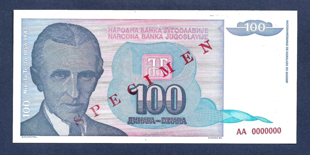 (DN) Yugoslavia 100 Dinara 1994 Specimen AA P-139 UNC