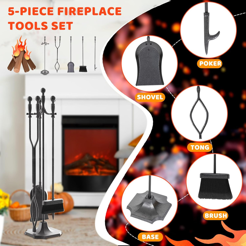 5-Piece Wrought Iron Fireplace Tool Set with Ergonomic Handles - Grey