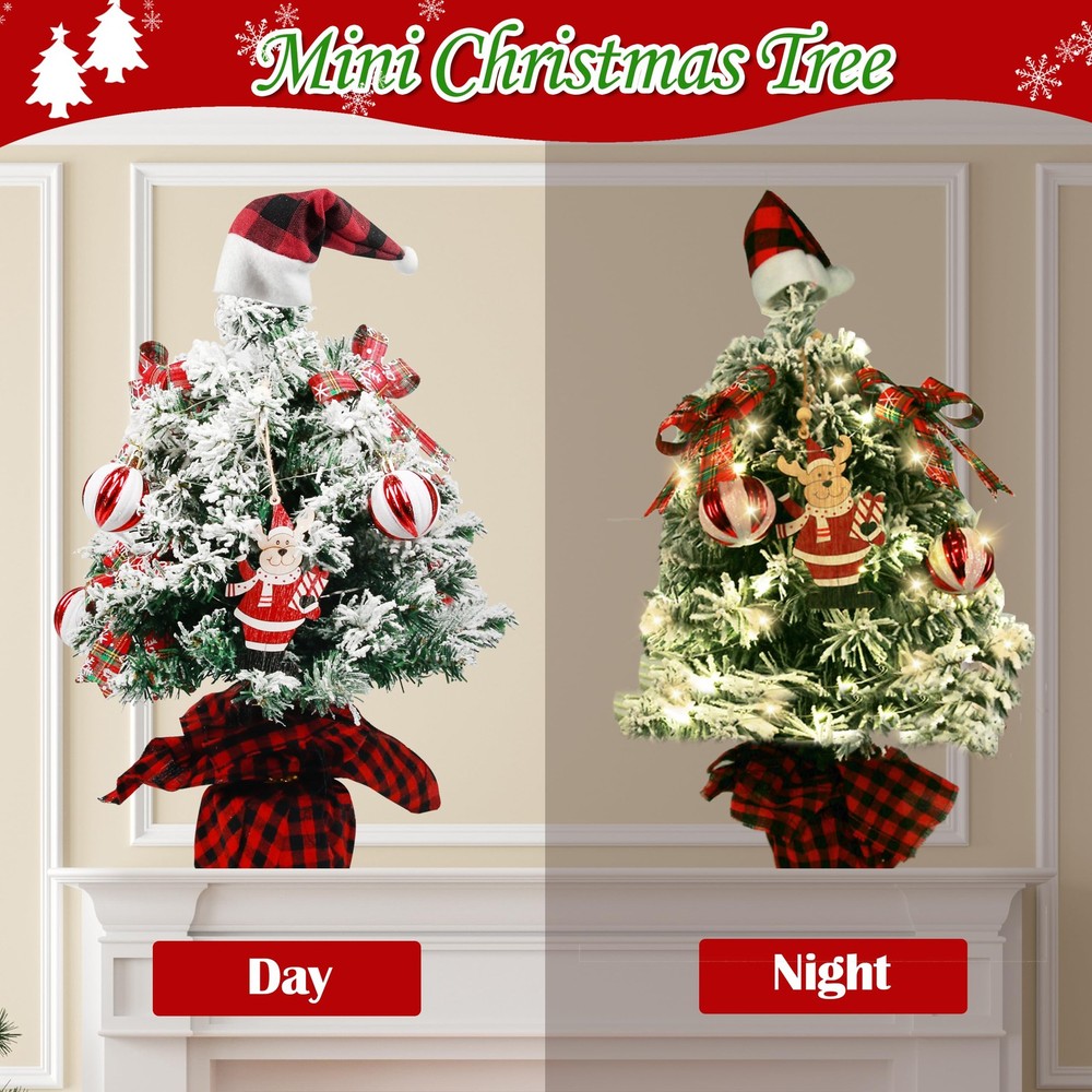 Mini Christmas Tree, 24 Inch/2 FT Lighted Tabletop Artificial Xmas Tree with ...