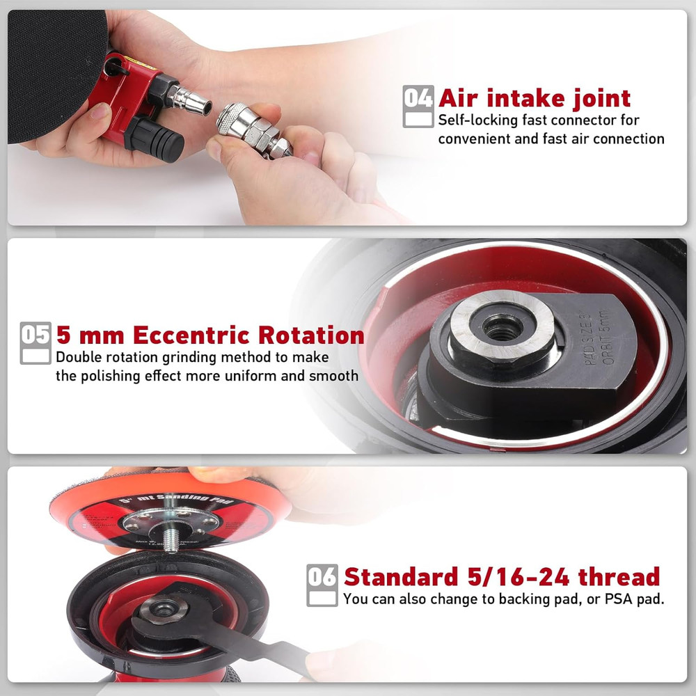 Professional 6" Dual Action Random Orbit Air Sander, Pneumatic Palm Sander, Low
