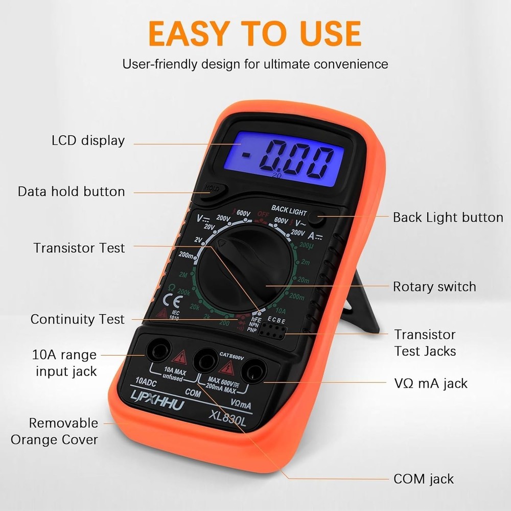 Compact Digital Multimeter - Accurate AC/DC Voltage Tester with Backlit Display