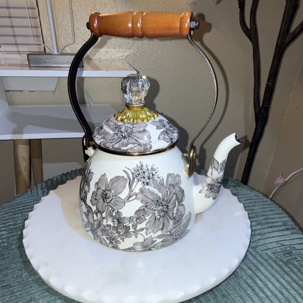 MacKenzie-Childs Floral Enamel Stove Top Kettle White Black Glass Knob