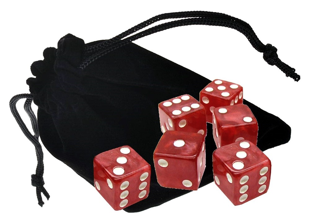 Set (6) 16mm Marbleized Dice Red Squared Corner + Storage Pouch