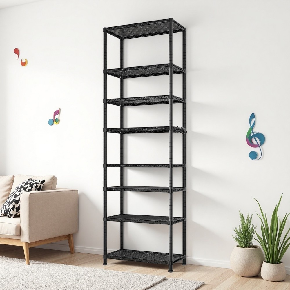 8-Tier Wire Shelving Unit - Heavy Duty, Adjustable, Modular, Hooks & Black