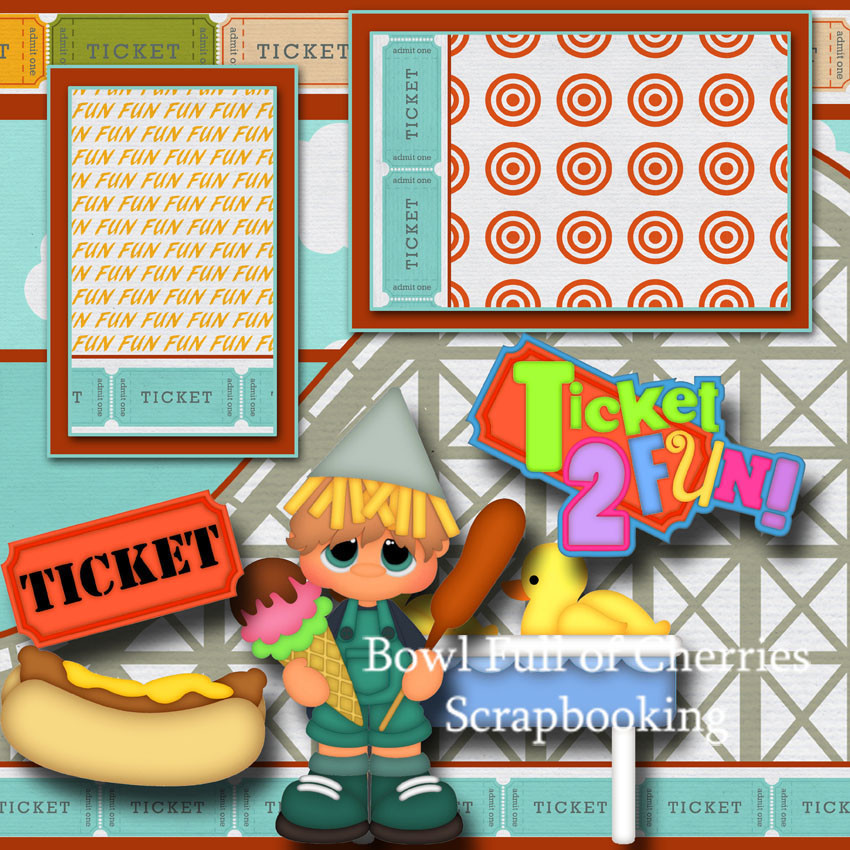TICKET 2 FUN ~ 2 premade scrapbook pages paper piecing layout VACATION ~ CHERRY